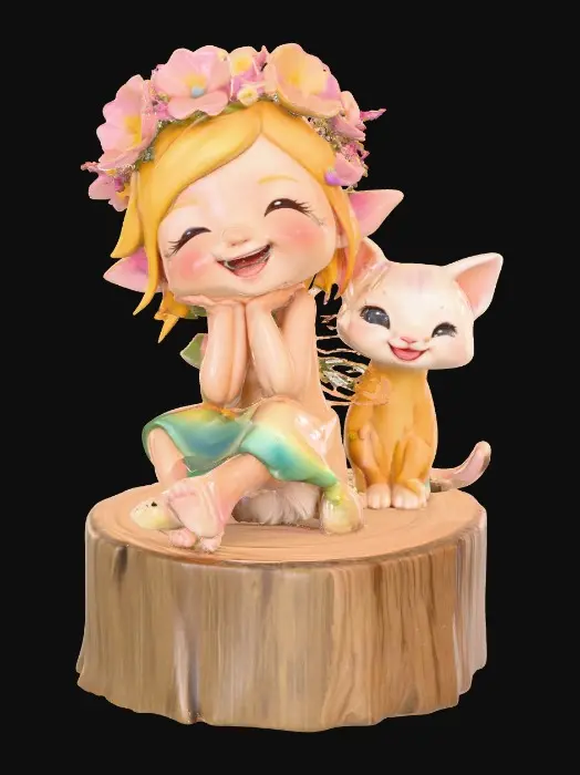 3D model for An adorable chibi cartoonish fairy sprite wearing a crown of tiny flowers. Sitting on a round slice of natural wood. The fairy has head back laughing out loud. A small kitten sits beside the fairy with a quizical expression on it's face.  Suitable for 3d model printing.