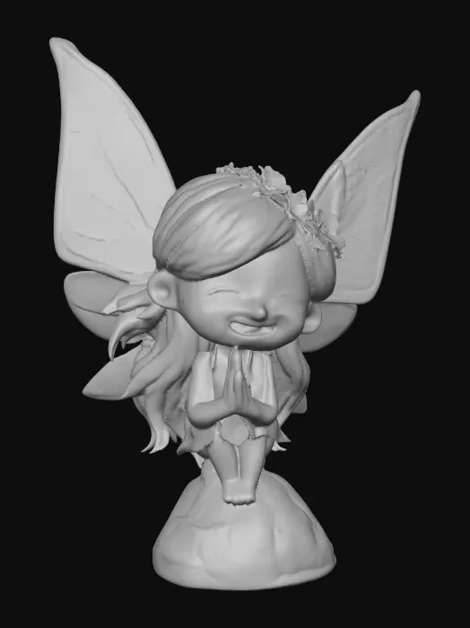3D model for An adorable chibi cartoonish red-haired fairy wearing a crown of tiny flowers. Sitting on a round rocky base. The fairy has head back laughing out loud.   Suitable for 3d model printing.