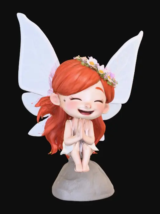 3D model for An adorable chibi cartoonish red-haired fairy wearing a crown of tiny flowers. Sitting on a round rocky base. The fairy has head back laughing out loud.   Suitable for 3d model printing.