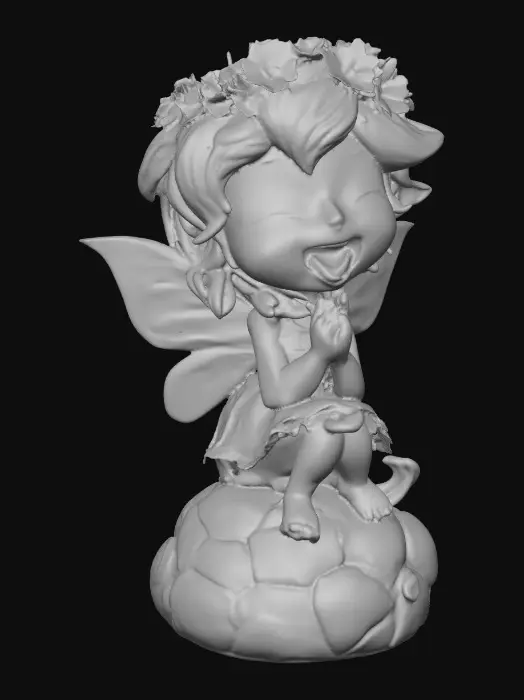 3D model for An adorable chibi cartoonish red-haired fairy wearing a crown of tiny flowers. Sitting on a round rocky base. The fairy has head back laughing out loud.   Suitable for 3d model printing.