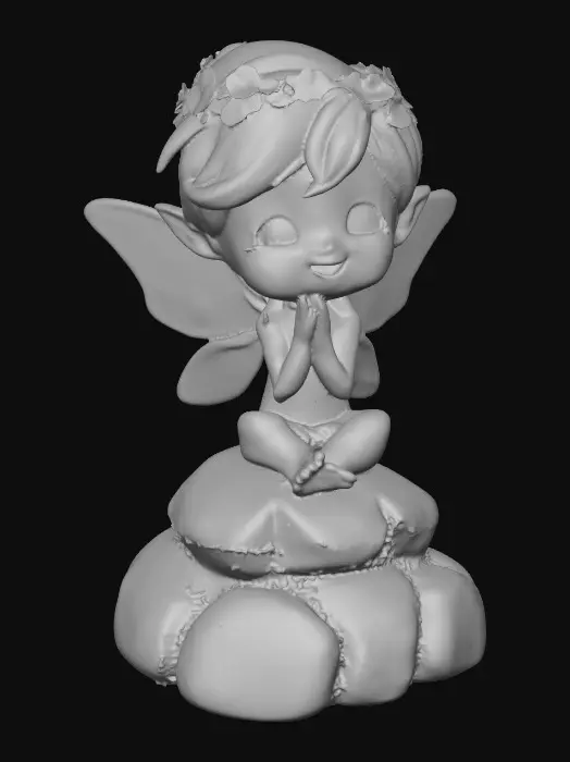3D model for An adorable chibi cartoonish red-haired fairy wearing a crown of tiny flowers. Sitting on a round rocky base. The fairy has head back laughing out loud.   Suitable for 3d model printing.