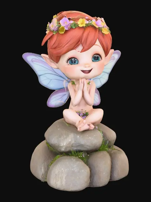 3D model for An adorable chibi cartoonish red-haired fairy wearing a crown of tiny flowers. Sitting on a round rocky base. The fairy has head back laughing out loud.   Suitable for 3d model printing.