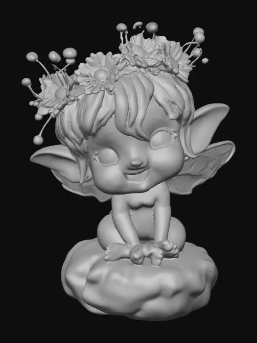 3D model for An adorable chibi cartoonish red-haired fairy wearing a crown of tiny flowers. Sitting on a round rocky base. The fairy has head back laughing out loud.   Suitable for 3d model printing.