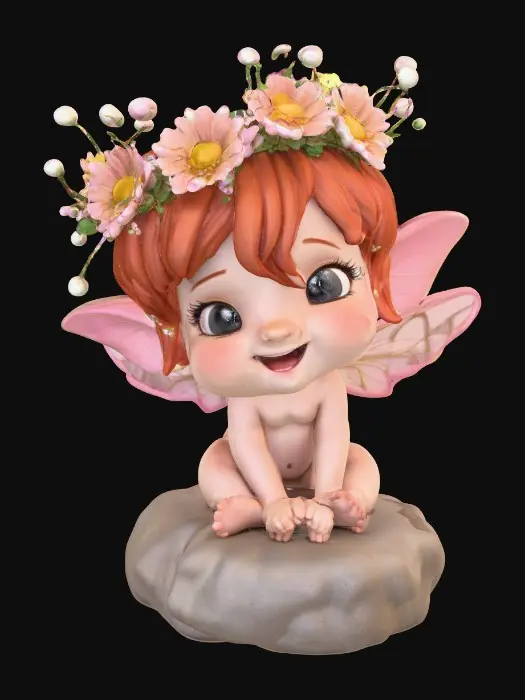 3D model for An adorable chibi cartoonish red-haired fairy wearing a crown of tiny flowers. Sitting on a round rocky base. The fairy has head back laughing out loud.   Suitable for 3d model printing.