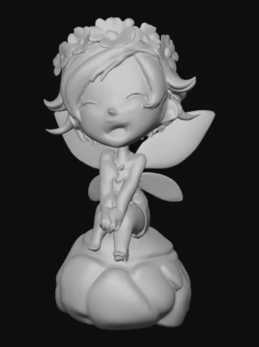 3D model for An adorable chibi cartoonish red-haired fairy wearing a crown of tiny flowers. Sitting on a round rocky base. The fairy has head back laughing out loud.   Suitable for 3d model printing.