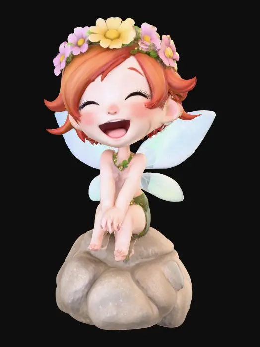 3D model for An adorable chibi cartoonish red-haired fairy wearing a crown of tiny flowers. Sitting on a round rocky base. The fairy has head back laughing out loud.   Suitable for 3d model printing.