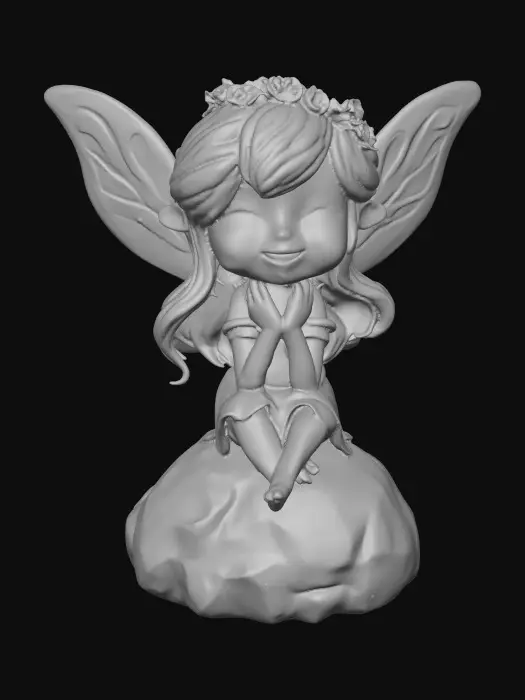 3D model for An adorable chibi cartoonish red-haired fairy wearing a crown of tiny flowers. Sitting on a round rocky base. The fairy has head back laughing out loud.   Suitable for 3d model printing.