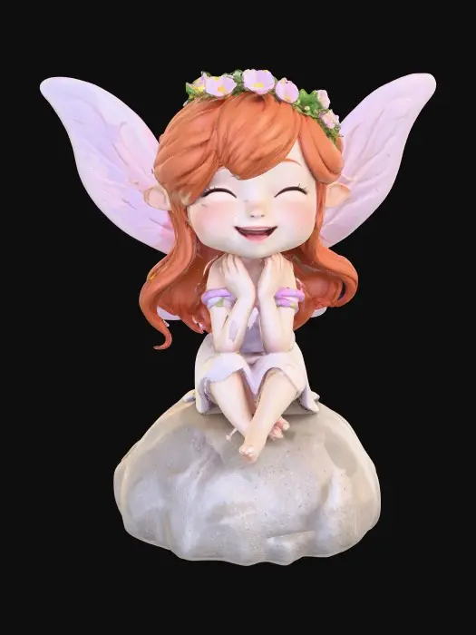 3D model for An adorable chibi cartoonish red-haired fairy wearing a crown of tiny flowers. Sitting on a round rocky base. The fairy has head back laughing out loud.   Suitable for 3d model printing.