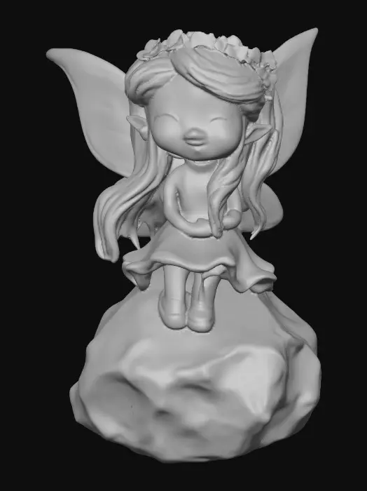 3D model for An adorable chibi cartoonish red-haired fairy wearing a crown of tiny flowers. Sitting on a round rocky base. The fairy has head back laughing out loud.   Suitable for 3d model printing.