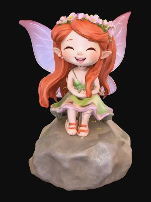 3D model for An adorable chibi cartoonish red-haired fairy wearing a crown of tiny flowers. Sitting on a round rocky base. The fairy has head back laughing out loud.   Suitable for 3d model printing.