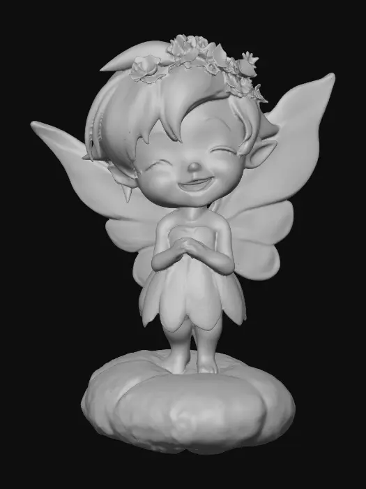 3D model for An adorable chibi cartoonish red-haired fairy wearing a crown of tiny flowers. Sitting on a round rocky base. The fairy has head back laughing out loud.   Suitable for 3d model printing.