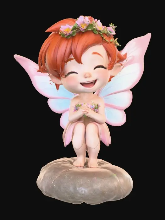 3D model for An adorable chibi cartoonish red-haired fairy wearing a crown of tiny flowers. Sitting on a round rocky base. The fairy has head back laughing out loud.   Suitable for 3d model printing.