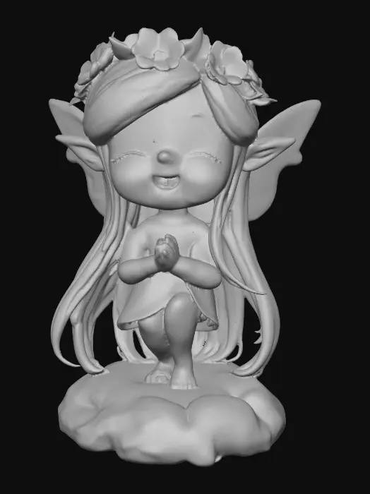 3D model for An adorable chibi cartoonish red-haired fairy wearing a crown of tiny flowers. Sitting on a round rocky base. The fairy has head back laughing out loud.   Suitable for 3d model printing.