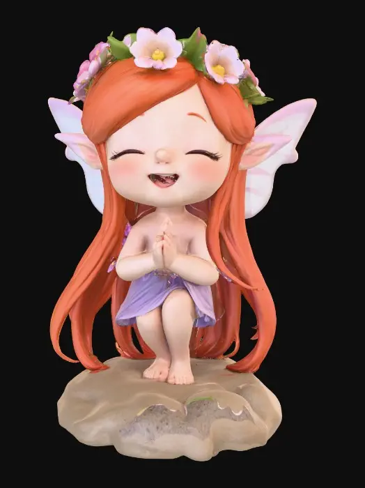 3D model for An adorable chibi cartoonish red-haired fairy wearing a crown of tiny flowers. Sitting on a round rocky base. The fairy has head back laughing out loud.   Suitable for 3d model printing.