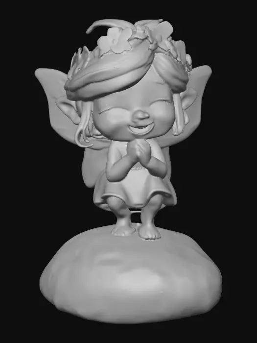 3D model for An adorable chibi cartoonish red-haired fairy wearing a crown of tiny flowers. Sitting on a round rocky base. The fairy has head back laughing out loud.   Suitable for 3d model printing.