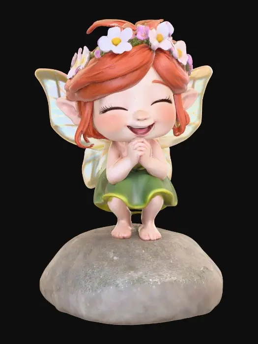 3D model for An adorable chibi cartoonish red-haired fairy wearing a crown of tiny flowers. Sitting on a round rocky base. The fairy has head back laughing out loud.   Suitable for 3d model printing.