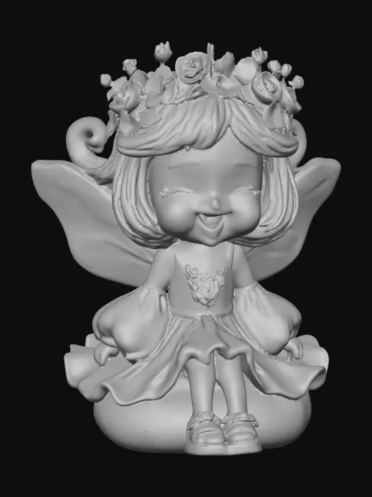 3D model for An adorable chibi cartoonish red-haired fairy wearing a crown of tiny flowers. Sitting on a round rocky base. The fairy has head back laughing out loud.   Suitable for 3d model printing.