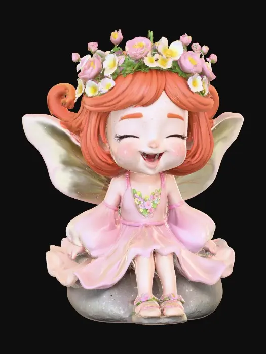 3D model for An adorable chibi cartoonish red-haired fairy wearing a crown of tiny flowers. Sitting on a round rocky base. The fairy has head back laughing out loud.   Suitable for 3d model printing.