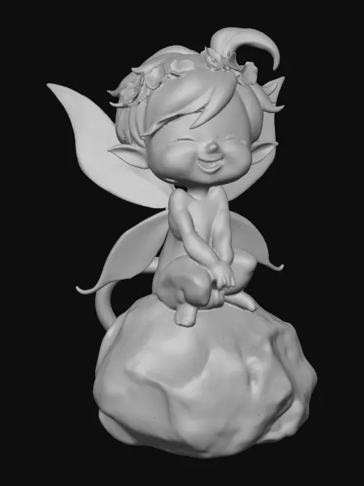 3D model for An adorable chibi cartoonish red-haired fairy wearing a crown of tiny flowers. Sitting on a round rocky base. The fairy has head back laughing out loud.   Suitable for 3d model printing.