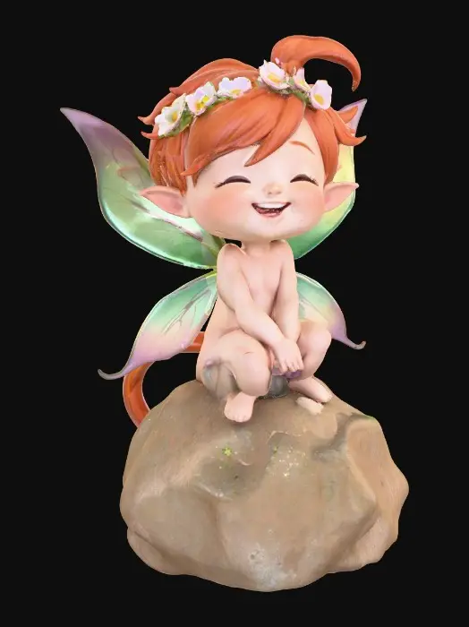 3D model for An adorable chibi cartoonish red-haired fairy wearing a crown of tiny flowers. Sitting on a round rocky base. The fairy has head back laughing out loud.   Suitable for 3d model printing.