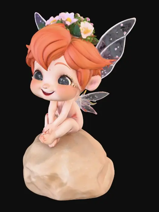 3D model for An adorable chibi cartoonish red-haired fairy wearing a crown of tiny flowers. Sitting on a round rocky base. The fairy has head back laughing out loud.   Suitable for 3d model printing.
