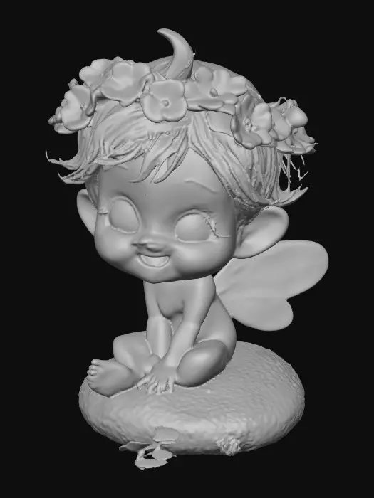 3D model for An adorable chibi cartoonish red-haired fairy wearing a crown of tiny flowers. Sitting on a round rocky base. The fairy has head back laughing out loud.   Suitable for 3d model printing.