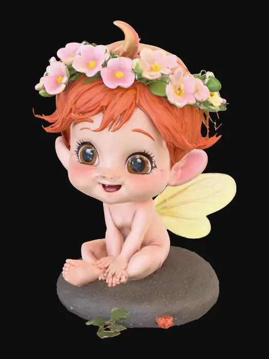 3D model for An adorable chibi cartoonish red-haired fairy wearing a crown of tiny flowers. Sitting on a round rocky base. The fairy has head back laughing out loud.   Suitable for 3d model printing.