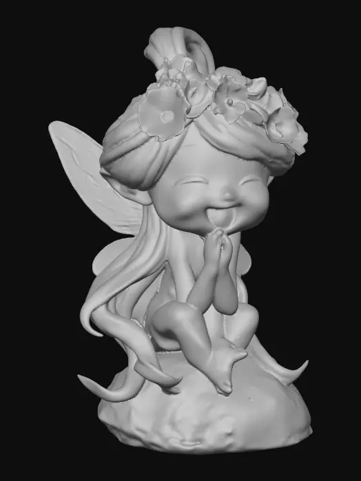 3D model for An adorable chibi cartoonish red-haired fairy wearing a crown of tiny flowers. Sitting on a round rocky base. The fairy has head back laughing out loud.   Suitable for 3d model printing.