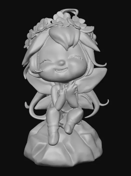 3D model for An adorable chibi cartoonish red-haired fairy wearing a crown of tiny flowers. Sitting on a round rocky base. The fairy has head back laughing out loud.   Suitable for 3d model printing.