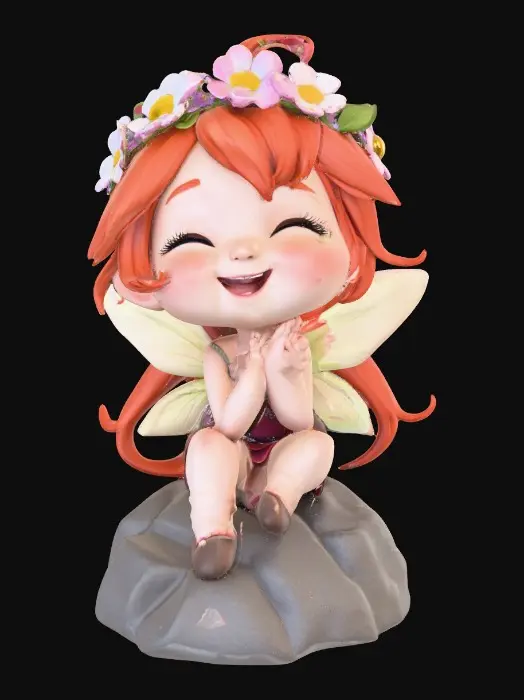 3D model for An adorable chibi cartoonish red-haired fairy wearing a crown of tiny flowers. Sitting on a round rocky base. The fairy has head back laughing out loud.   Suitable for 3d model printing.