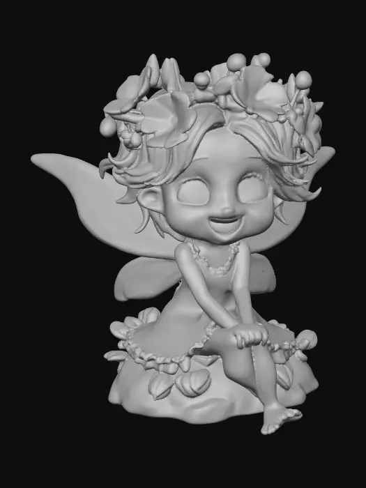 3D model for An adorable chibi cartoonish red-haired fairy wearing a crown of tiny flowers. Sitting on a round rocky base. The fairy has head back laughing out loud.   Suitable for 3d model printing.