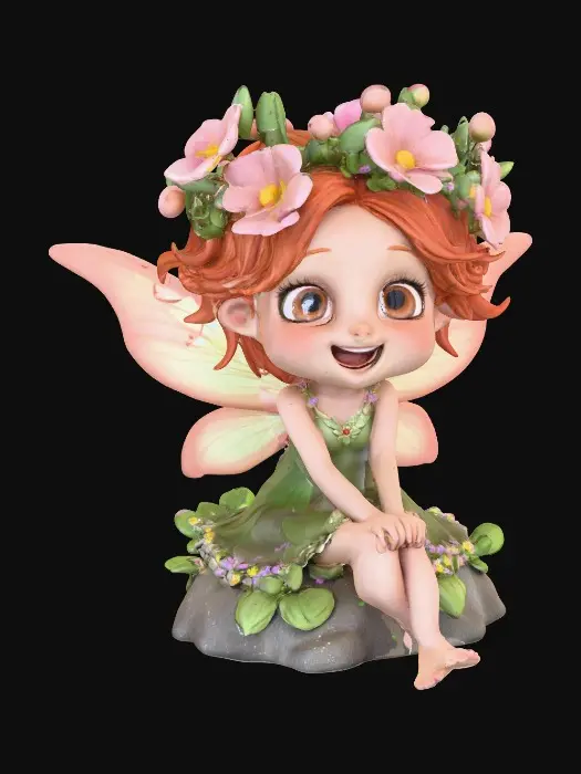 3D model for An adorable chibi cartoonish red-haired fairy wearing a crown of tiny flowers. Sitting on a round rocky base. The fairy has head back laughing out loud.   Suitable for 3d model printing.