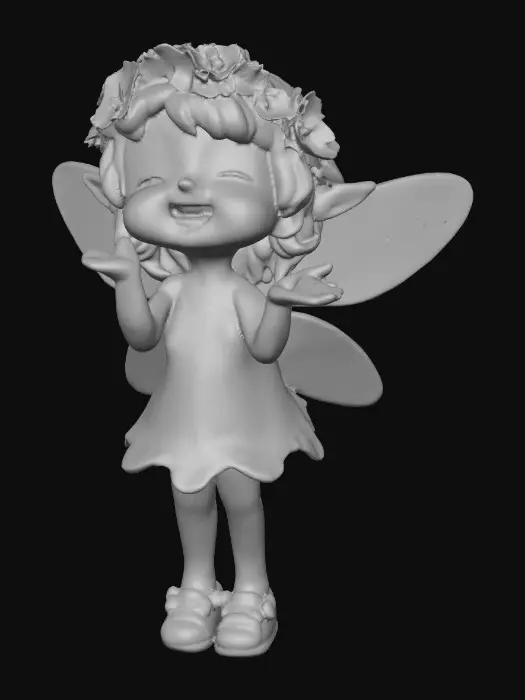 3D model for An adorable chibi cartoonish fairy sprite wearing a crown of tiny flowers. Standing on a round slice of natural wood. The fairy has head back laughing out loud. Suitable for 3d model printing.