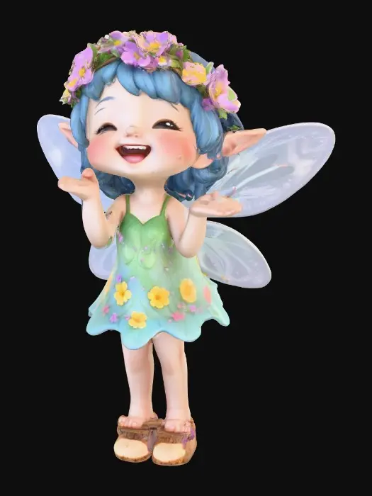 3D model for An adorable chibi cartoonish fairy sprite wearing a crown of tiny flowers. Standing on a round slice of natural wood. The fairy has head back laughing out loud. Suitable for 3d model printing.