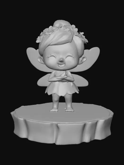 3D model for An adorable chibi cartoonish fairy sprite wearing a crown of tiny flowers. Standing on a round slice of natural wood. The fairy has head back laughing out loud. Suitable for 3d model printing.