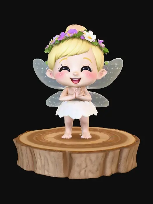 3D model for An adorable chibi cartoonish fairy sprite wearing a crown of tiny flowers. Standing on a round slice of natural wood. The fairy has head back laughing out loud. Suitable for 3d model printing.