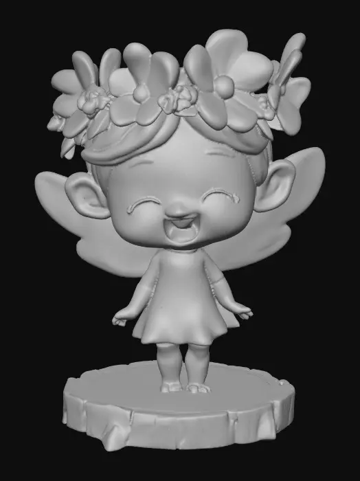 3D model for An adorable chibi cartoonish fairy sprite wearing a crown of tiny flowers. Standing on a round slice of natural wood. The fairy has head back laughing out loud. Suitable for 3d model printing.