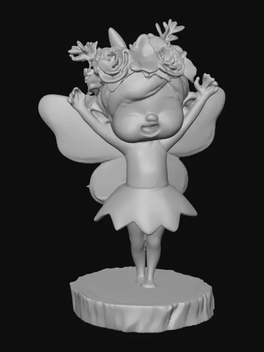 3D model for An adorable chibi cartoonish fairy sprite wearing a crown of tiny flowers. Standing on a round slice of natural wood. The fairy has head back laughing out loud. Suitable for 3d model printing.