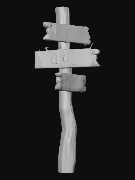 3D model for A stylized wooden signpost from a dark Alice in wonderland fantasy.
Crooked post, cracked boards, faded painted words, rusted nails visible.
Readable text "this way", "down", & "up" hand-crafted look.
Stylized 3D environment prop for a fantasy game.