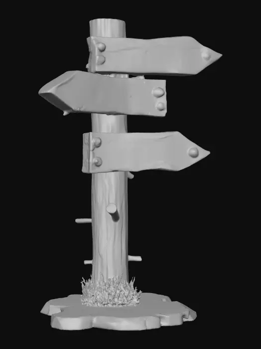 3D model for A stylized wooden signpost from a dark Alice in wonderland fantasy.
Crooked post, cracked boards, faded painted words, rusted nails visible.
Readable text "this way", "down", & "up" hand-crafted look.
Stylized 3D environment prop for a fantasy game.