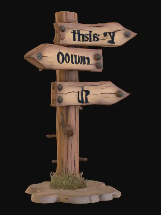 3D model for A stylized wooden signpost from a dark Alice in wonderland fantasy.
Crooked post, cracked boards, faded painted words, rusted nails visible.
Readable text "this way", "down", & "up" hand-crafted look.
Stylized 3D environment prop for a fantasy game.