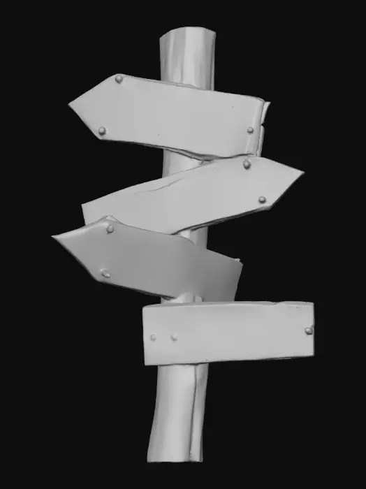 3D model for A stylized wooden signpost from a dark Alice in wonderland fantasy.
Crooked post, cracked boards, faded painted words, rusted nails visible.
Readable text "this way", "down", & "up" hand-crafted look.
Stylized 3D environment prop for a fantasy game.