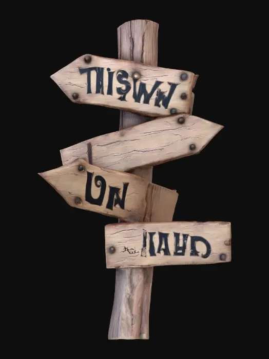 3D model for A stylized wooden signpost from a dark Alice in wonderland fantasy.
Crooked post, cracked boards, faded painted words, rusted nails visible.
Readable text "this way", "down", & "up" hand-crafted look.
Stylized 3D environment prop for a fantasy game.