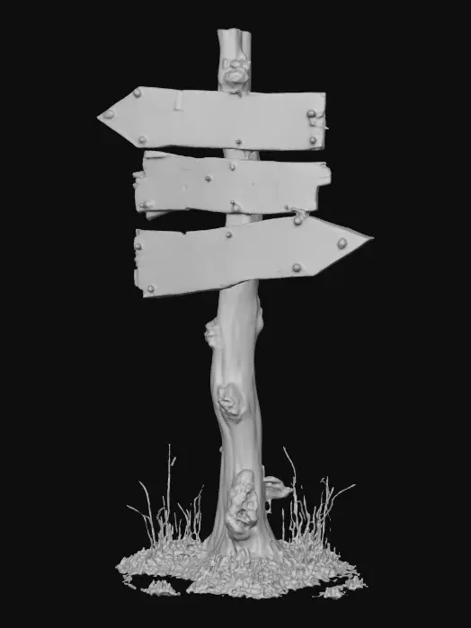 3D model for A stylized wooden signpost from a dark Alice in wonderland fantasy.
Crooked post, cracked boards, faded painted words, rusted nails visible.
Readable text "this way", "down", & "up" hand-crafted look.
Stylized 3D environment prop for a fantasy game.