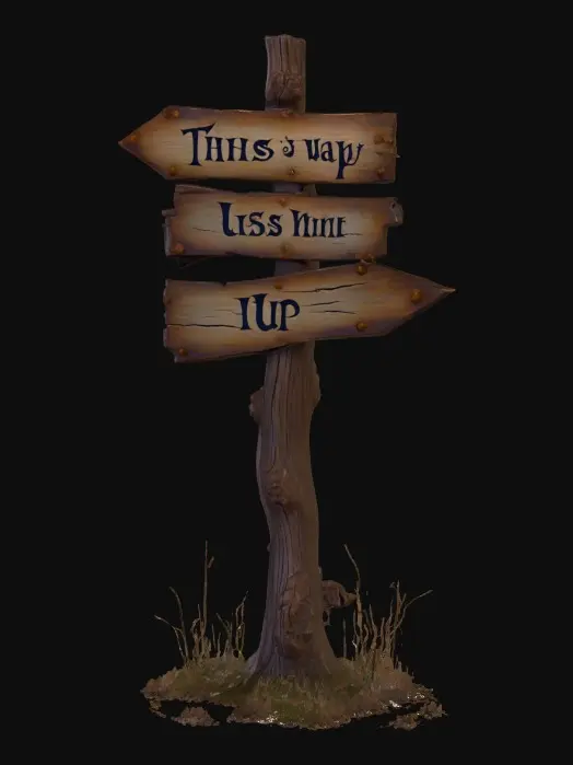 3D model for A stylized wooden signpost from a dark Alice in wonderland fantasy.
Crooked post, cracked boards, faded painted words, rusted nails visible.
Readable text "this way", "down", & "up" hand-crafted look.
Stylized 3D environment prop for a fantasy game.