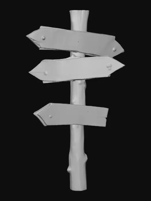 3D model for A stylized wooden signpost from a dark Alice in wonderland fantasy.
Crooked post, cracked boards shapped like arrows with Readable 3d text "this way", "down", & "up" hand-crafted look.
Stylized 3D environment prop for a fantasy game.