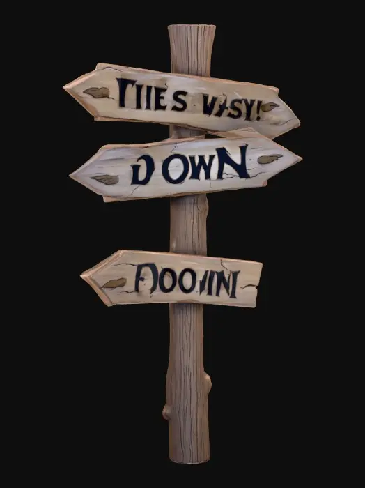 3D model for A stylized wooden signpost from a dark Alice in wonderland fantasy.
Crooked post, cracked boards shapped like arrows with Readable 3d text "this way", "down", & "up" hand-crafted look.
Stylized 3D environment prop for a fantasy game.