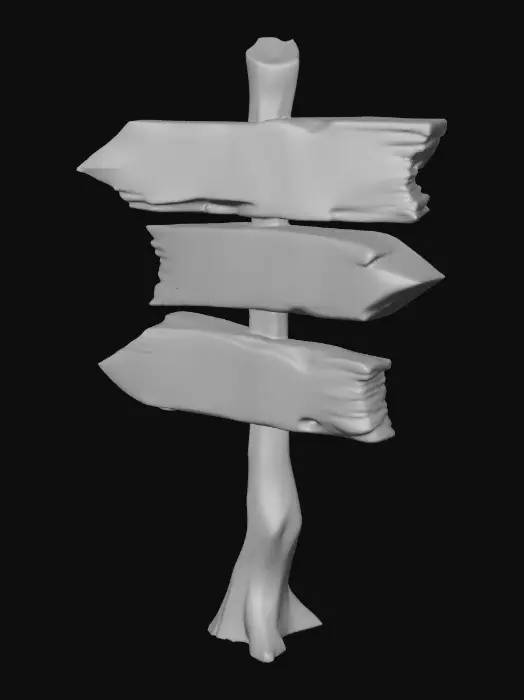 3D model for A stylized wooden signpost from a dark Alice in wonderland fantasy.
Crooked post, cracked boards shapped like arrows with Readable text "this way", "down", & "up" hand-crafted look.
Each arrow is fastened to alternate sides. Stylized 3D environment prop for a fantasy game.