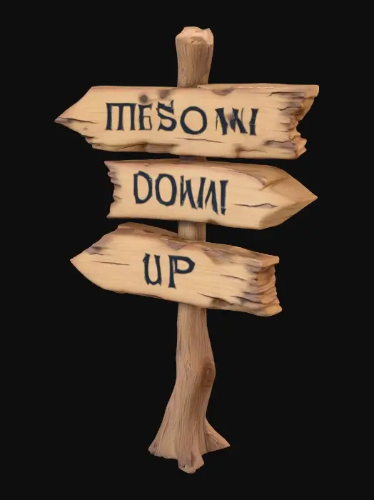 3D model for A stylized wooden signpost from a dark Alice in wonderland fantasy.
Crooked post, cracked boards shapped like arrows with Readable text "this way", "down", & "up" hand-crafted look.
Each arrow is fastened to alternate sides. Stylized 3D environment prop for a fantasy game.