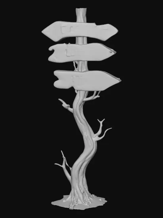 3D model for A stylized wooden signpost from a dark Alice in wonderland fantasy.
Crooked post, cracked boards shapped like arrows with Readable text "this way", "down", & "up" hand-crafted look.
Each arrow is fastened to alternate sides. Stylized 3D environment prop for a fantasy game.